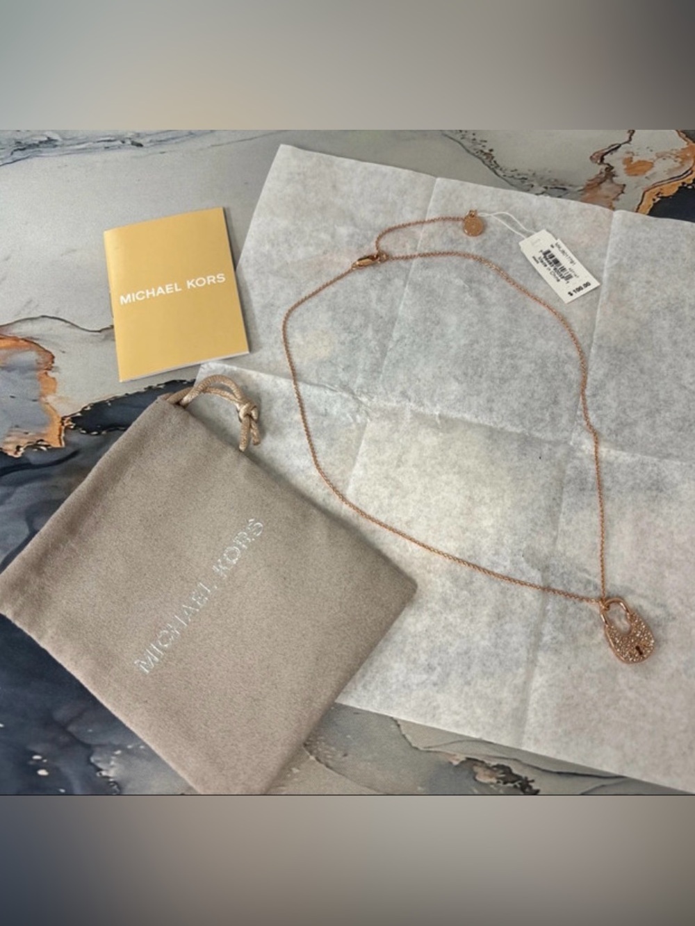 Michael Kors Rose Gold tone Short necklace jewelry crystals padlock